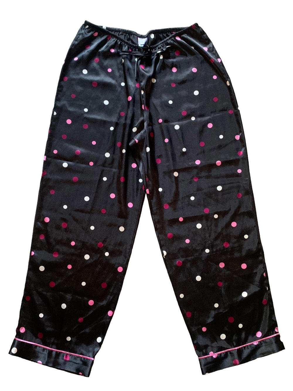 Black Satin Polka Dot Pajama Pants - Pink & White Dots